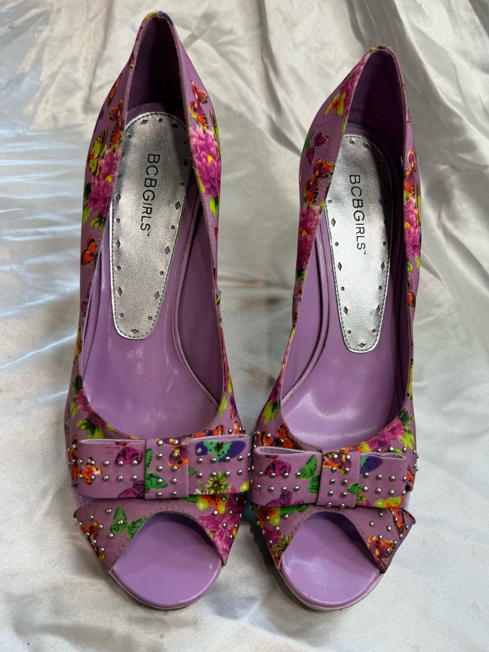 BCBGirls Purple Floral Peep-Toe Heels with Studded Bow
